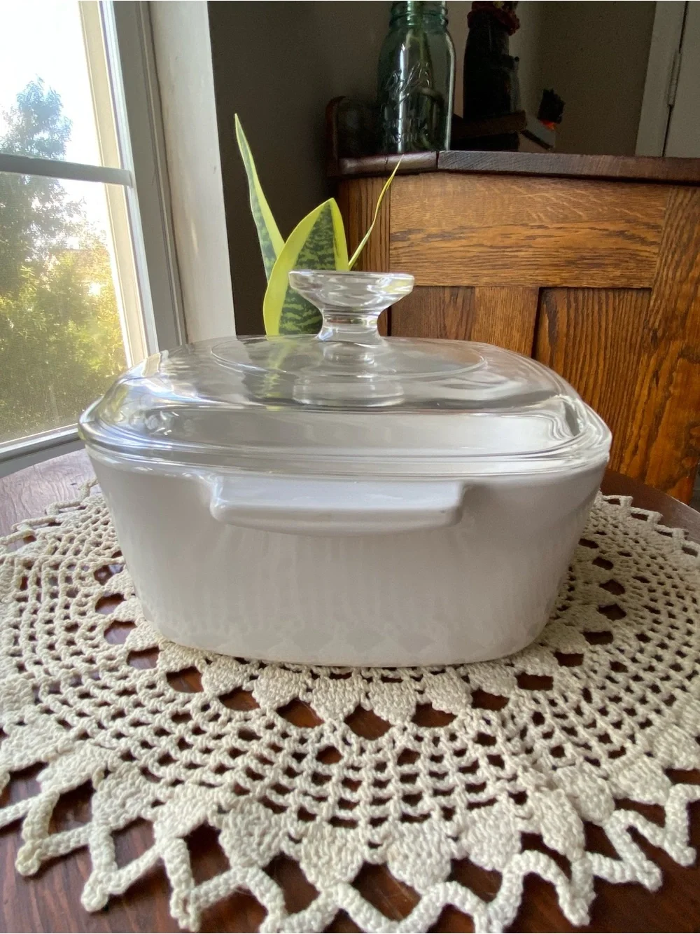Vintage Corringware White Ceramic Herb & Vegetable Casserole Dish with Glass Lid